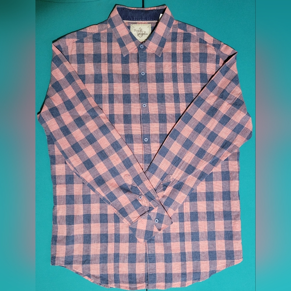 Age Of Wisdom Red & Blue Plaid Cotton / Linen Blend Button Down Size XL